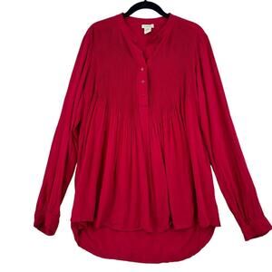 Sundance‎ Mystic Falls Blouse Size M Red Pleated Detail Hi-Low Hem Long Sleeve